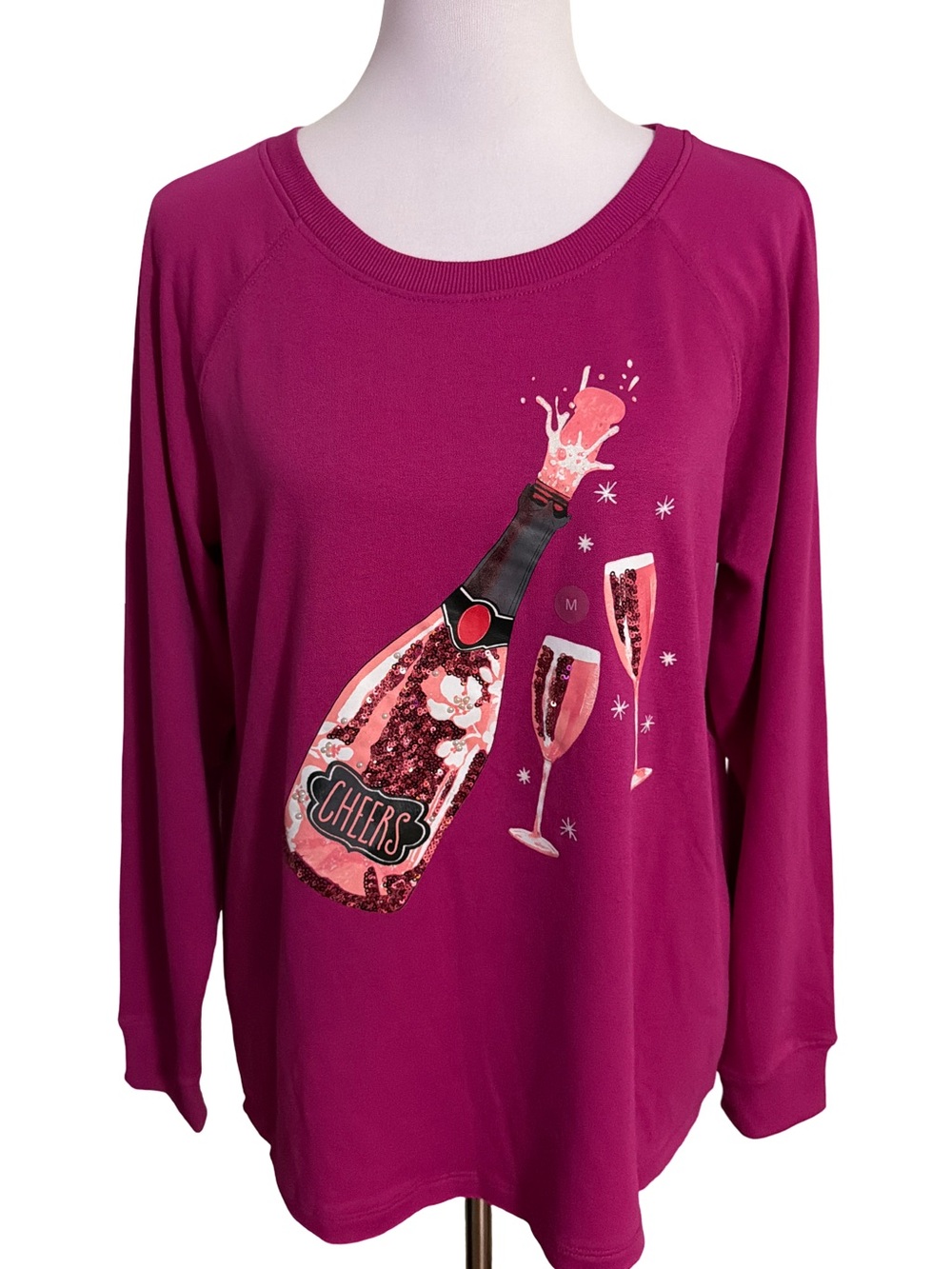 Cato Magenta Crewneck Sweater with Champagne Bottle Graphic